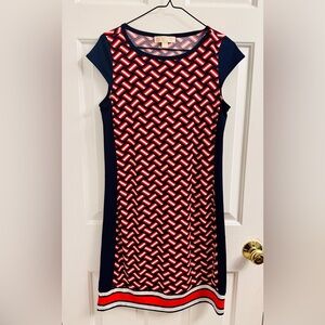 Michael Kors Navy and Orange Geometric Patterned Midi Dress